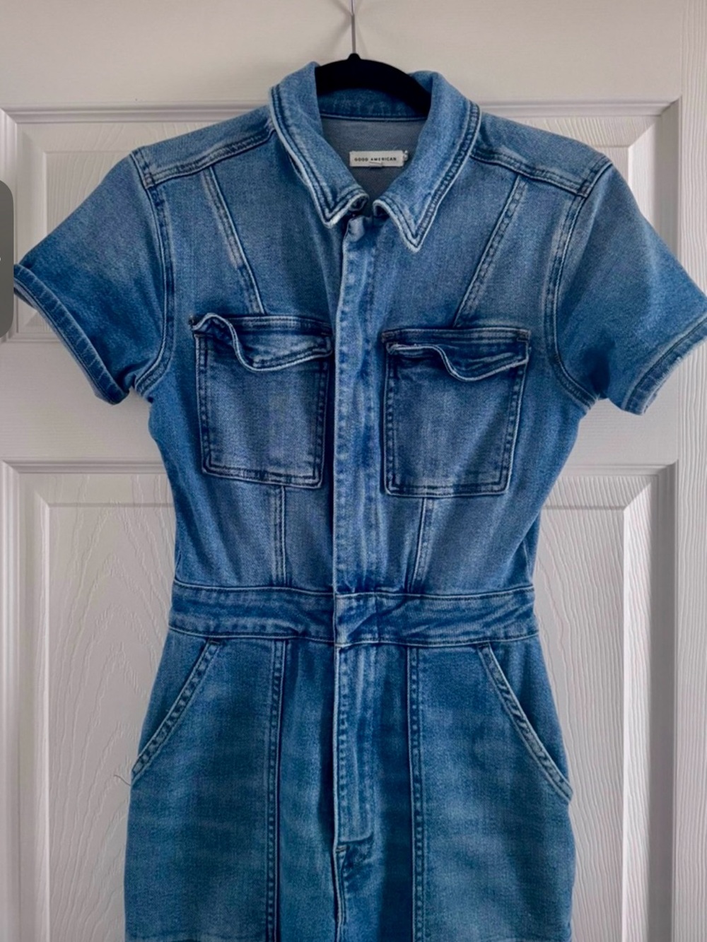 Good American Blue Denim Short-Sleeve Jumpsuit Romper